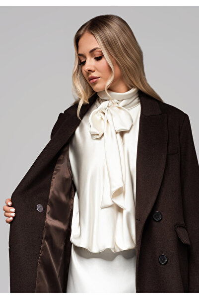 OMBRE Dámský dlouhý vlněný kabát LARICA OW-COLC-0100 v2 - hnědý