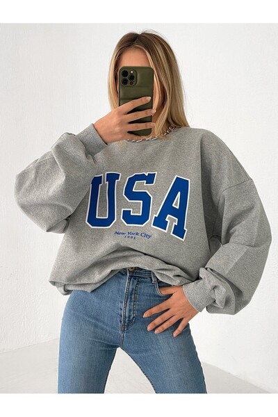 Miyalon Kadın Oversize USA Baskılı Bisiklet Yaka Sweatshirt
