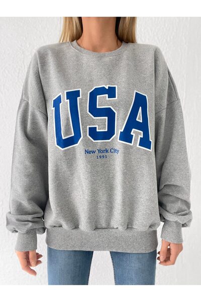 Miyalon Kadın Oversize USA Baskılı Bisiklet Yaka Sweatshirt