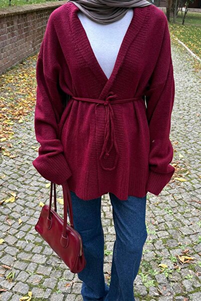 lamelif Knitwear Cardigan with Tie Detail Burgundy