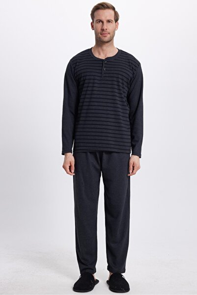 Tudors Men's regular fit cotton button-up collar elastic waist patterned black pajama set