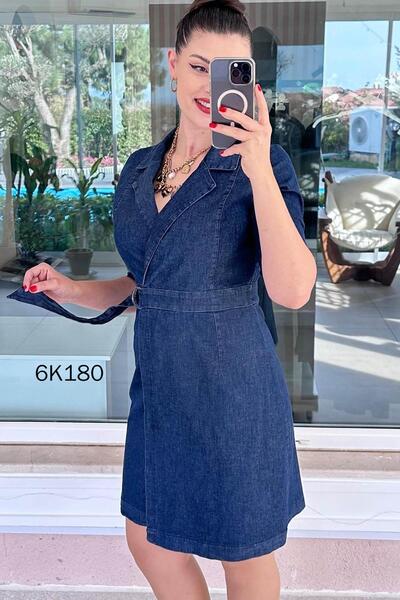 İnce Topuk Double-Breasted Collar Denim Dress 6K180