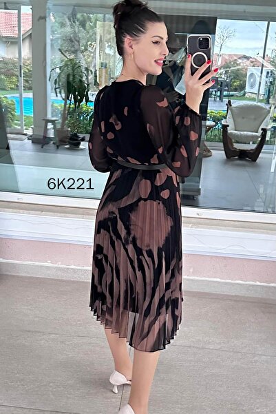 İnce Topuk Kruvaze Yaka Piliseli Şifon Elbise 6k221