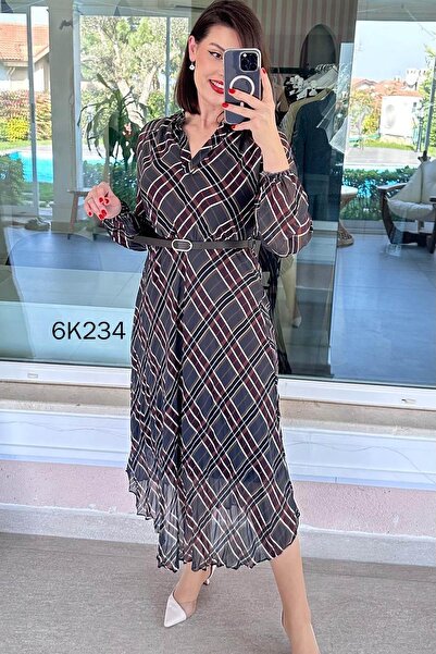 İnce Topuk Belted Chiffon Dress 6K234