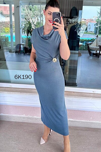 İnce Topuk Degaje Collar Buckled Ribbed Knit Dress 6K190