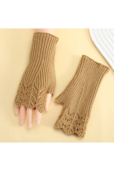 Dodemert Home Cream Preppy Style Women's Fingerless Elastic Acrylic Knit Gloves
