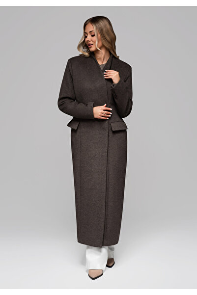 OMBRE Dámský dlouhý vlněný kabát LARICA OW-COLC-0102 v1 - hnědý