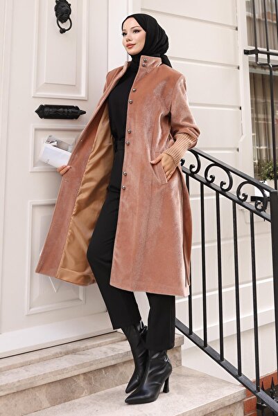 Modamihram Παλτό με λεπτομέρεια καρφίτσας καφέ 19279