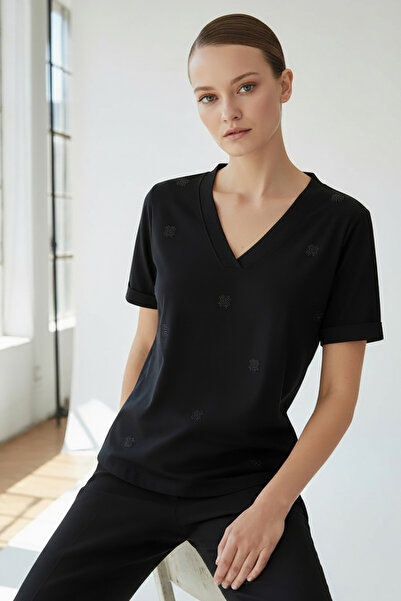 Allyco Stone Embroidered V-Neck Black Knitted T-Shirt