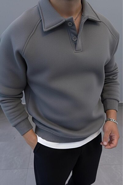 NO 601 Men's Dark Gray Roberto Reglan Sleeve Collared Buttoned Thick Sweatshirt