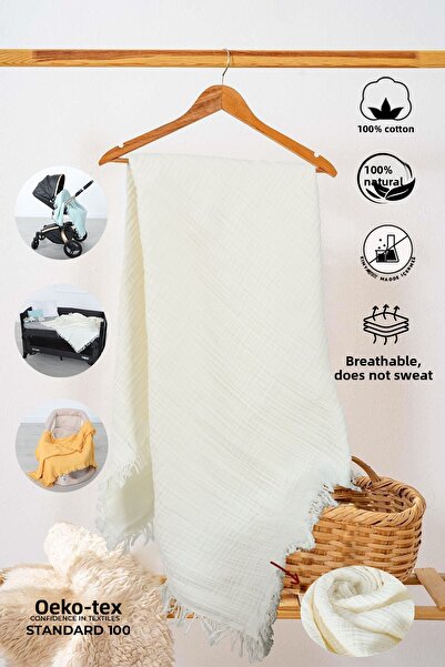 Huggy Cream Yellow 4-Layer 100% Cotton Muslin Blanket – 100X130 Baby Blanket