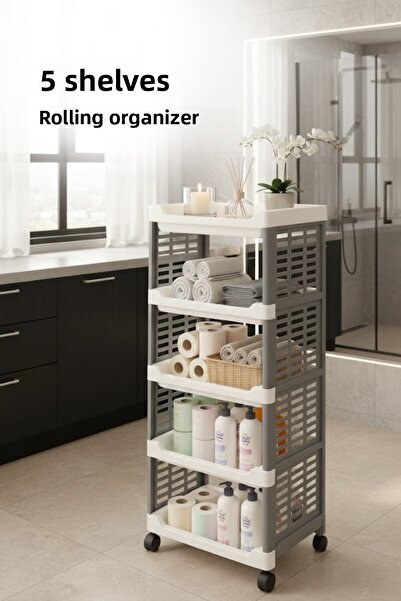 grimorlife منظم حمام بـ 5 أرفف، رف مطبخ، خزانة حمام، منظم مطبخ بلاستيكي متعدد الأغراض