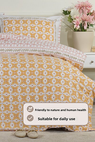 Elart Amanda Bedding Set King Size 100% Cotton Ranforce Fitted Sheet (240X220 cm) Yellow