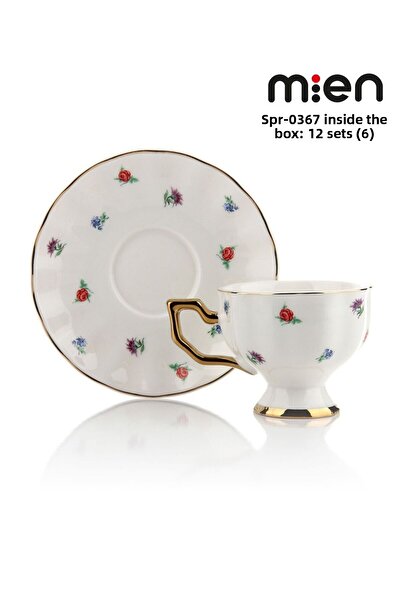 MİEN Spr-0367 Floral Patterned Gold Detailed Porcelain Coffee Cup Set of 6
