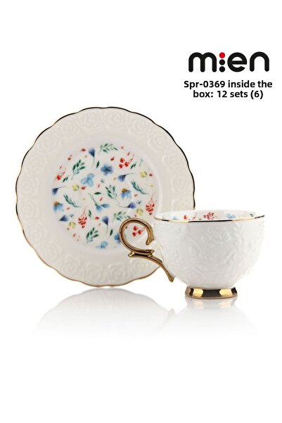 MİEN Spr-0369 Embossed Patterned Floral Motif Gold Detailed Porcelain Coffee Cup Set of 6
