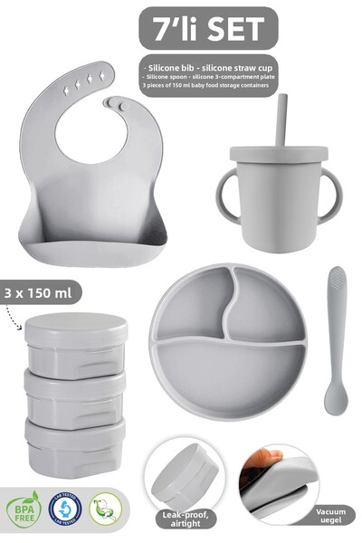 Meleni Baby مجموعة تغذية مكونة من 7 قطع - مريلة سيليكون للأطفال مع كوب وشفاطة...