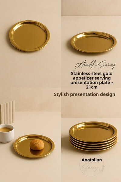 Anadolu Saray Stainless Steel 21cm Gold Appetizer Serving and Presentation Plate Stylish Presentation Design 1 Piece