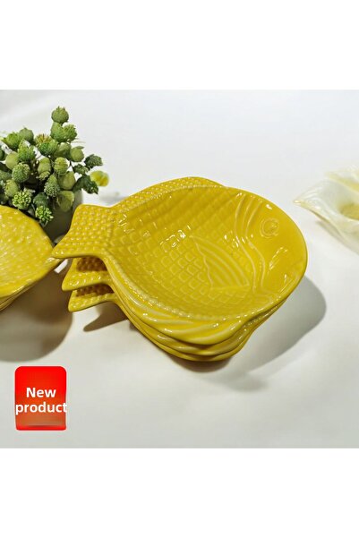 Ganita home Snack Plate Set of 3, Presentation Set & Breakfast Plate, Fish Form Yellow