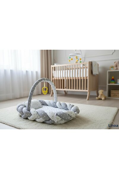 LinoaBaby سرير أطفال Babynest مع شبكة ناموسية رمادية اللون، سرير جانبي للأم