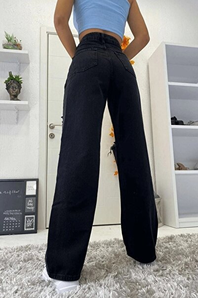 kleshus Extra High Colorfast Black Ripped Palazzo Jeans Black String Ripped Lycra Jeans