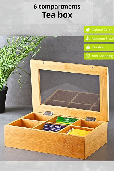 Penthouse Bamboo 6 Compartment Tea Box I Tea Coffee Herbal Tea Storage Box 24X16X7Cm