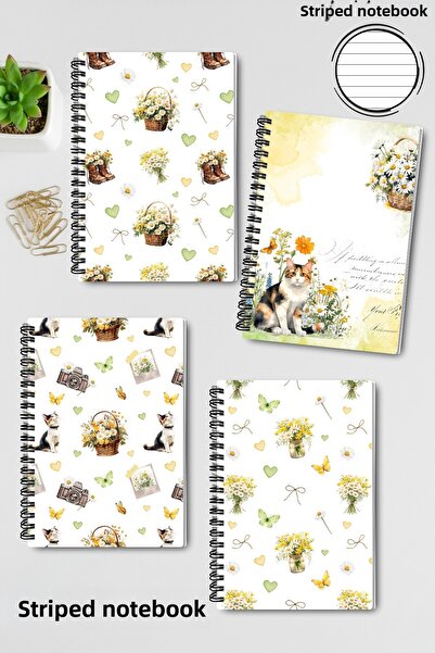 qoeuyl boutique Daisy and Wildflowers Design Wire Spiral A5 Lined 4-Piece Souvenir, Memory, School Notebook Set