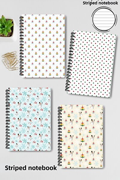 qoeuyl boutique New Year Themed Design Wire Spiral A5 Lined 4-Piece Souvenir, Memory, School Notebook Set