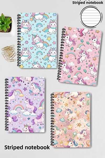 qoeuyl boutique Set de caiete colorate cu design unicorn, cu spirală, A5, cu linii, 4 bucăți, pentru amintiri, memorii, școală