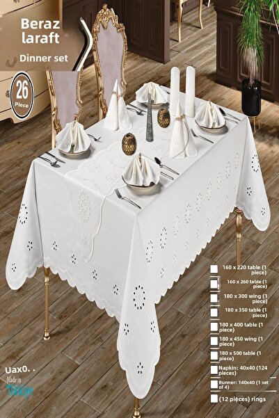 Annalisa White Elegance 26 Piece Linen Borelli Luxury Tablecloth Set