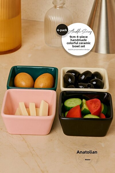 Anadolu Saray 9cm Set of 4 Handmade Colorful Ceramic Bowls – Stylish Handcrafted Set for Tableware Presentation and Serving