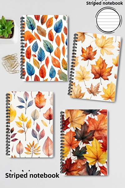 qoeuyl boutique أوراق الخريف رقم: 2 تصميم حلزوني سلكي A5 مسطر مجموعة من 4 دفاتر تذكارية، للذكريات، للمدرسة