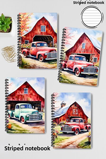 qoeuyl boutique Vintage Car Farm Design Wirebound A5 Lined 4-Piece Souvenir, Memory, School Notebook Set