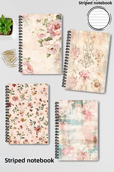 qoeuyl boutique Soft Colored Retro Themed Design Wire Spiral A5 Lined 4-Piece Souvenir, Memory, School Notebook Set