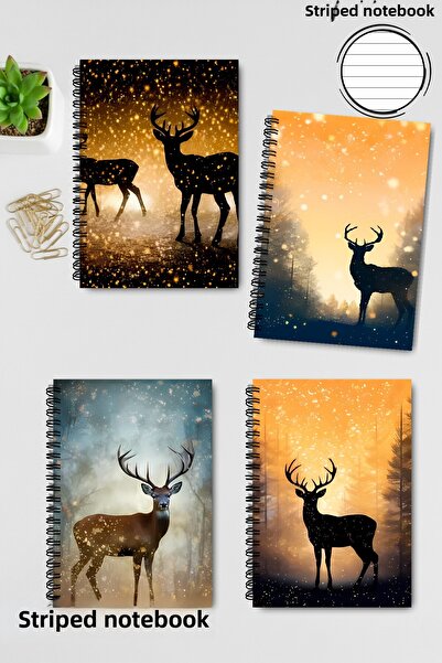 qoeuyl boutique Nature Themed Deer Design Wire Spiral A5 Lined 4-Piece Souvenir, Memory, School Notebook Set