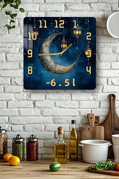 kutuTR 3D Looking Tempered Glass Square Clock – Crescent and Lantern Themed Uv Printing 33X33 cm - Kcs126
