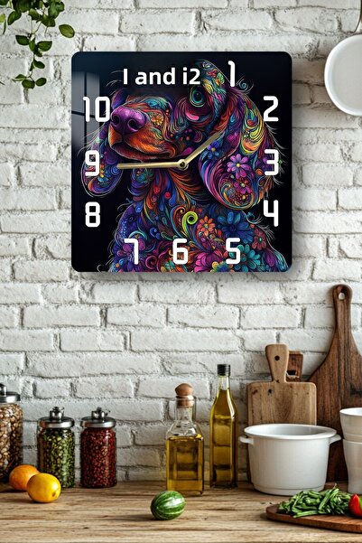 kutuTR 3D Looking Tempered Glass Square Clock – Colorful Dog Theme Uv Printing 33X33 cm - Kcs130