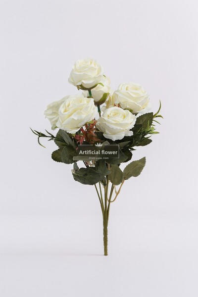 Yapay Çiçek Deposu Artificial 7-Piece Large Head Small Cluster Rose White