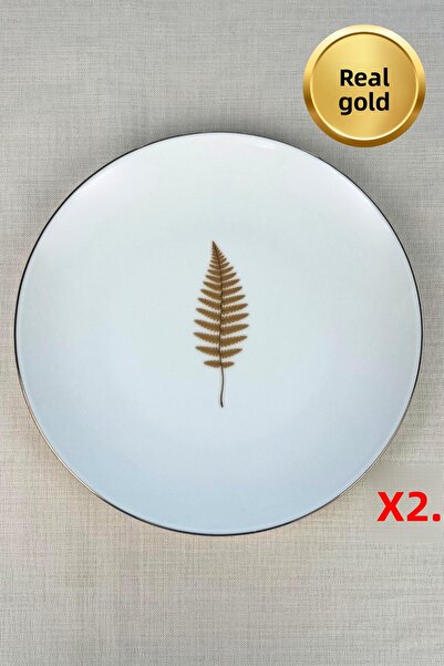 tabakevi Tabak Evi Porcelain Natura Fern Gold Gilded Serving Plate 24.50cm 2 Pcs