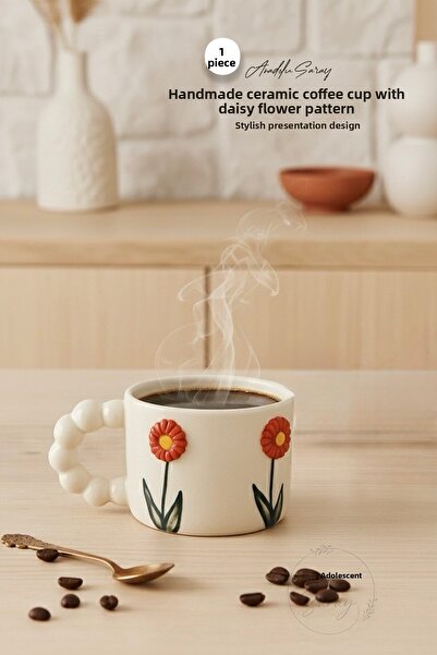 Anadolu Saray Handmade Ceramic Coffee Cup with Daisy Flower Pattern, Modern and Stylish Design