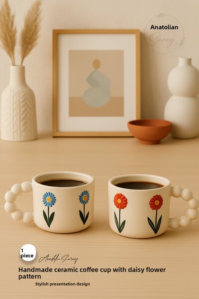 Anadolu Saray Handmade Ceramic Coffee Cup with Daisy Flower Pattern, Modern and Stylish Design