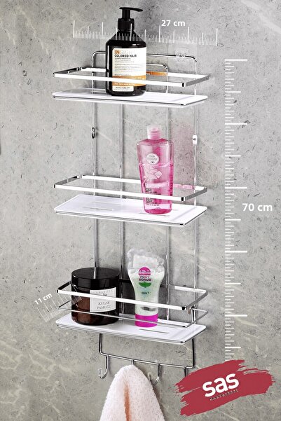 Sas Haus 3-Tier Adhesive Bathroom Shower Shelf with Hooks – Adjustable Crystal Shelf (Stick-On/Screw-On) Chrome-White