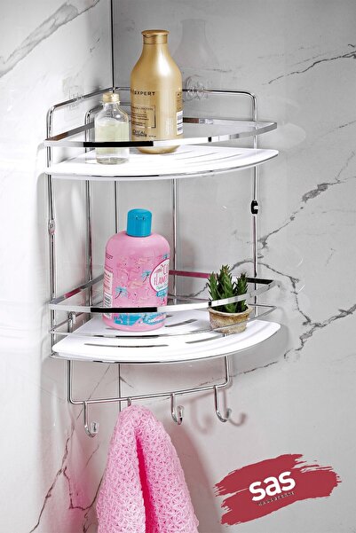 Sas Haus 2-Tier Adhesive Bathroom Corner Shelf with Hooks – Adjustable Crystal Shelf (Stick-On/Screw-On) Chrome-White