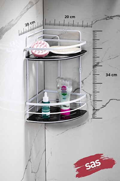 Sas Haus 2-Tier Adhesive Bathroom Corner Shelf – Adjustable Crystal Shelf (Stick-On/Screw-On) White-Black