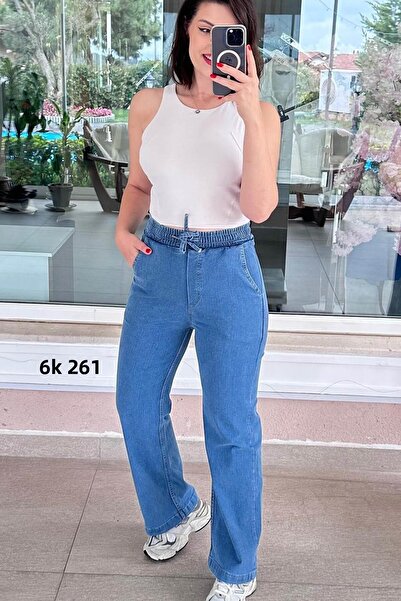 İnce Topuk Elastic Waist Stretch Fabric Jeans Trousers 6K261