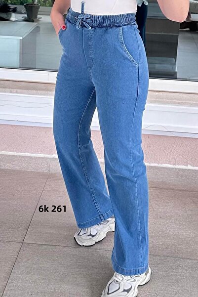 İnce Topuk Elastic Waist Stretch Fabric Jeans Trousers 6K261