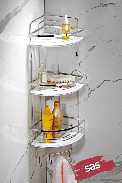 Sas Haus 3-Tier Adhesive Bathroom Corner Shelf with Hooks – Adjustable Crystal Shelf (Stick-On/Screw-On) Chrome-White
