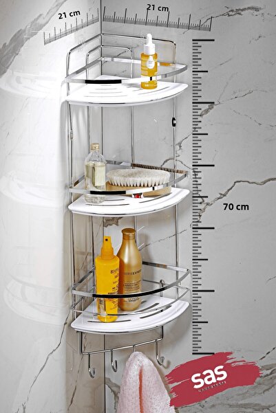 Sas Haus 3-Tier Adhesive Bathroom Corner Shelf with Hooks – Adjustable Crystal Shelf (Stick-On/Screw-On) Chrome-White