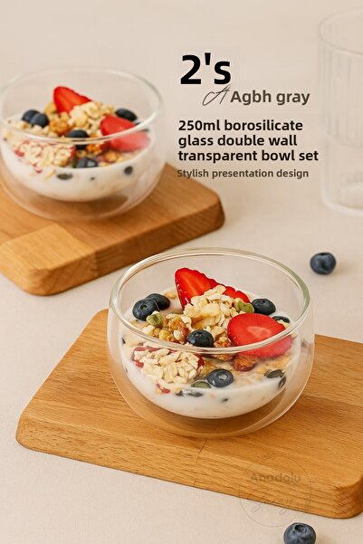 Anadolu Saray Set of 2 250ml Borosilicate Glass Double-Walled Transparent Bowls – Heat Resistant and Stylish