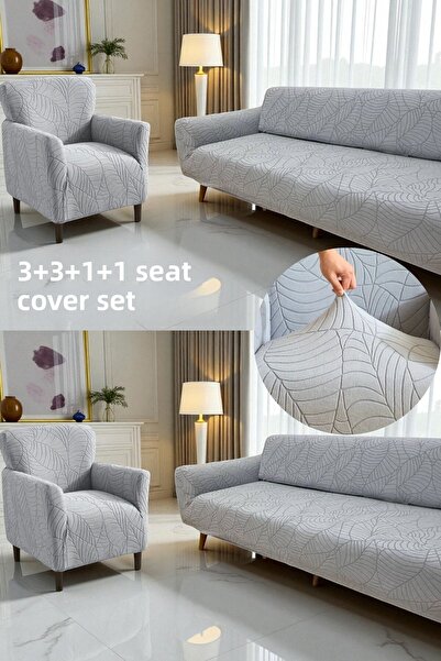 coverbox طقم غطاء أريكة مرن بنمط أوراق الجاكار 3+3+1+1، غطاء أريكة غير قابل ل...