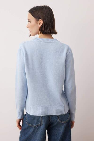 Trendyol Collection Baby Blue Crew Neck Soft Textured Dog Embroidered Knitwear Cardigan Twoaw26Hi00274